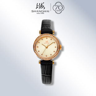 上海手表女款 节日礼物 摩登系列玲珑锆石轻薄复古皮带石英表8002