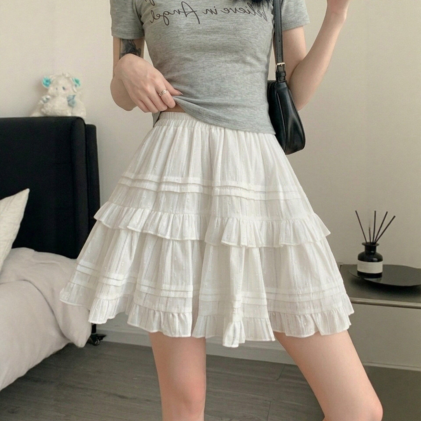 白色纯棉蛋糕裙女2026夏季新款高腰显瘦荷叶边短裙甜美a字裙