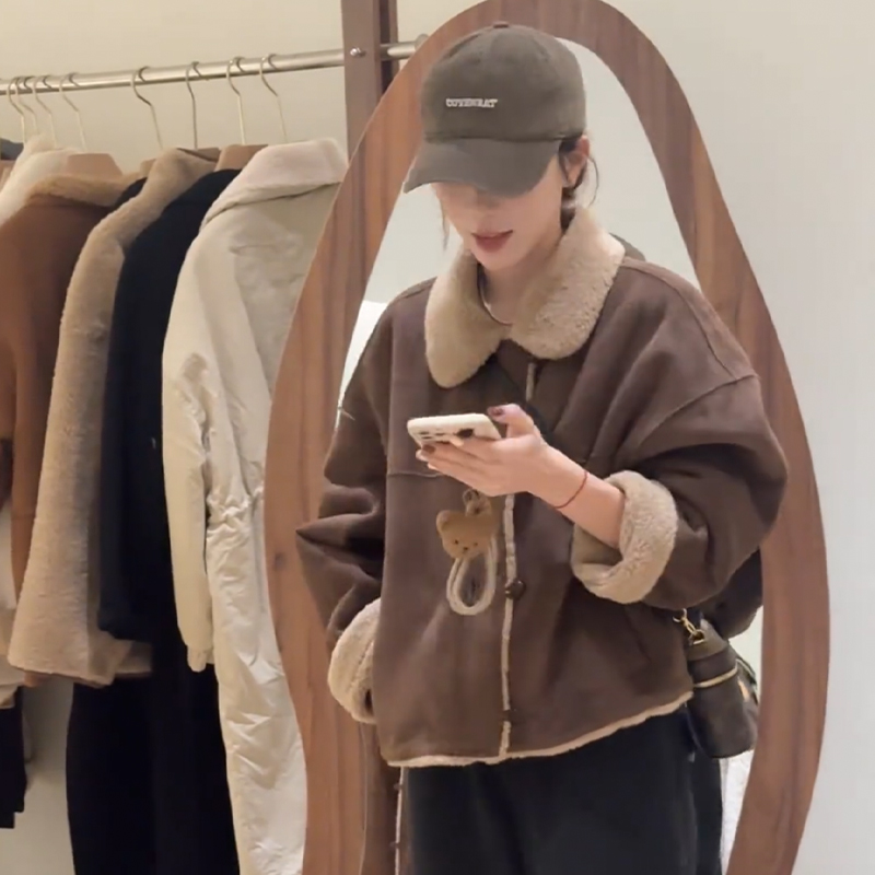 短款加厚皮毛一体外套女2025冬季新款休闲 百搭小个子麂皮绒上衣