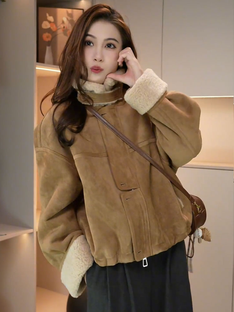 冬季新款加绒加厚皮毛一体短外套女爆款麂皮绒立领机车服夹克上衣