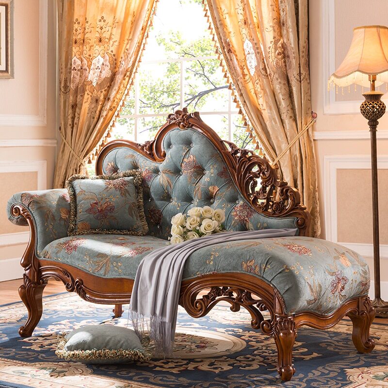 美式实木贵妃躺椅布艺单个贵妃榻欧式卧室单独休闲太妃椅阳台沙发