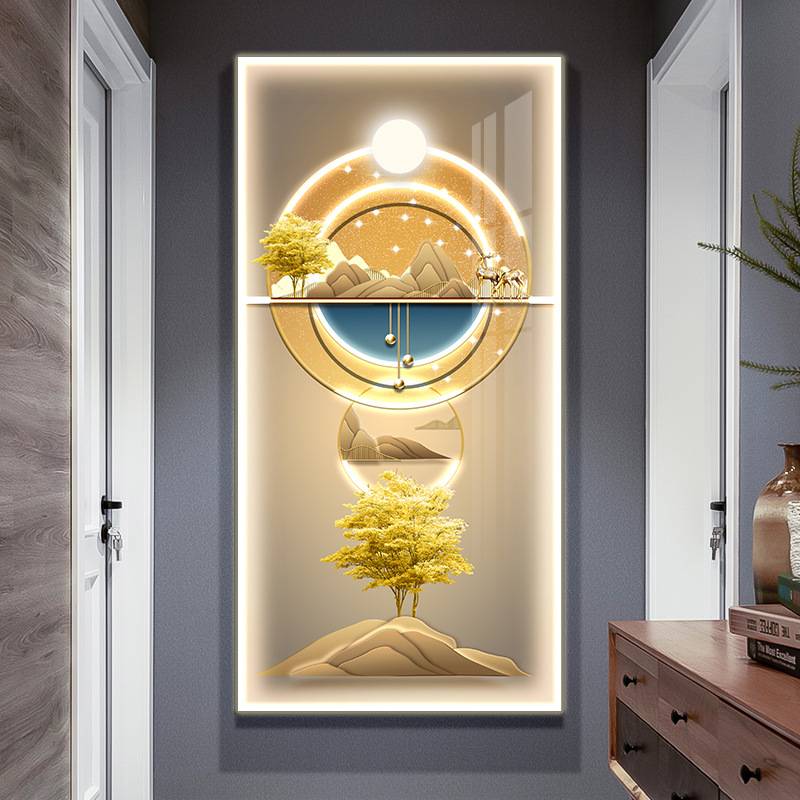 现代轻奢走廊过道LED灯画招财麋鹿入户玄关装饰画发光竖版挂画图片