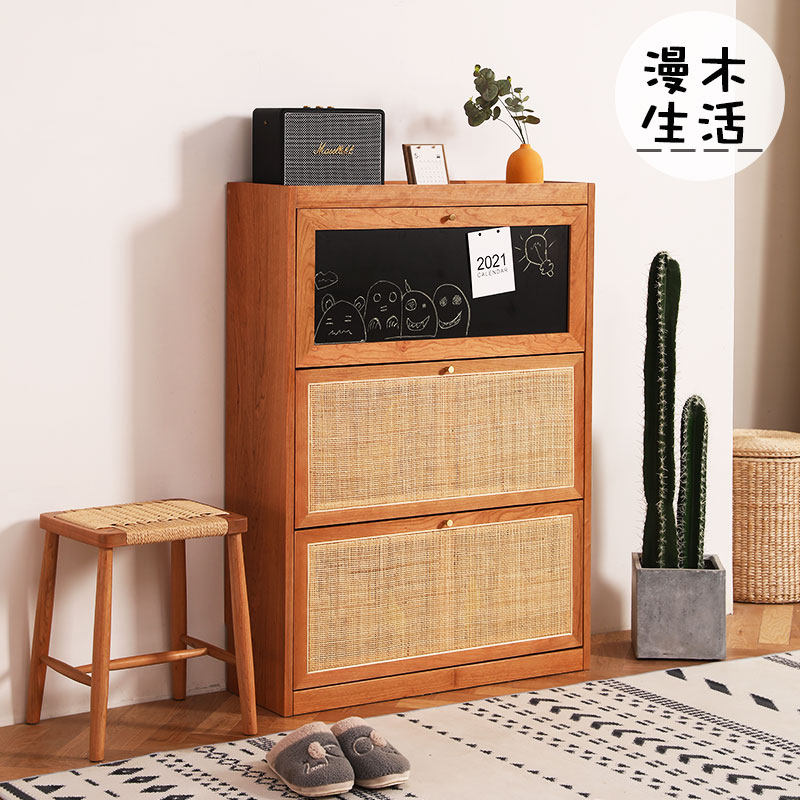现货速发漫木实木鞋柜樱桃木藤编日式复古入户家具小户型收纳柜