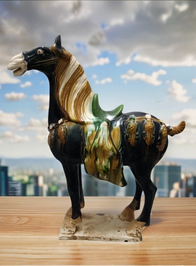 唐三彩招财马摆件蓝釉仿古艺术品家居装饰古典中式软装手工艺术品