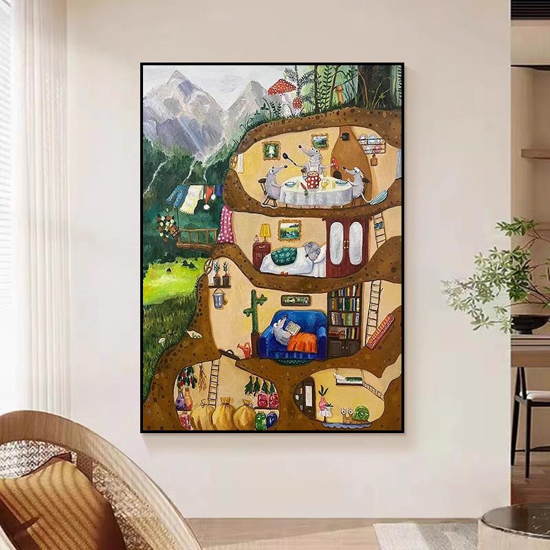 小众艺术卡通老鼠客厅装饰画幼儿园玄关动物挂画绿色风景餐厅壁画图片