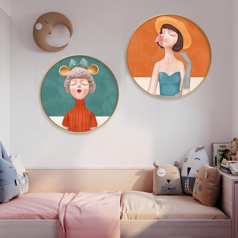 轻奢儿童房装饰画圆形公主女孩卡通房间卧室温馨可爱装饰挂画图片