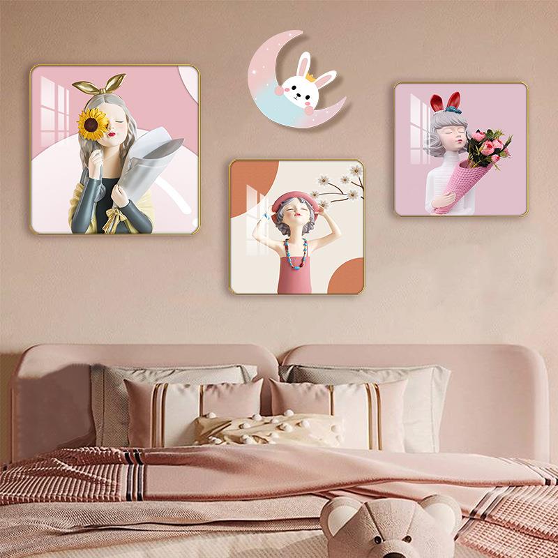 儿童房艺术装饰画卡通女孩房间卧室床头背景挂画组合女童壁画人物图片