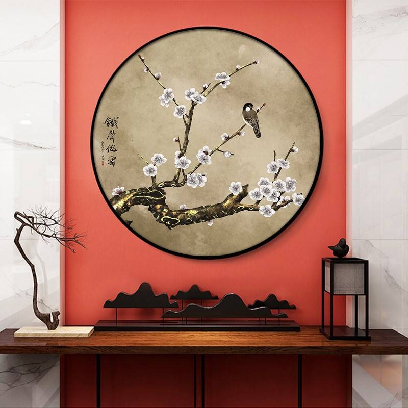 新中式圆形装饰画入户玄关走廊过道梅花中国风茶室挂画花鸟壁画图片