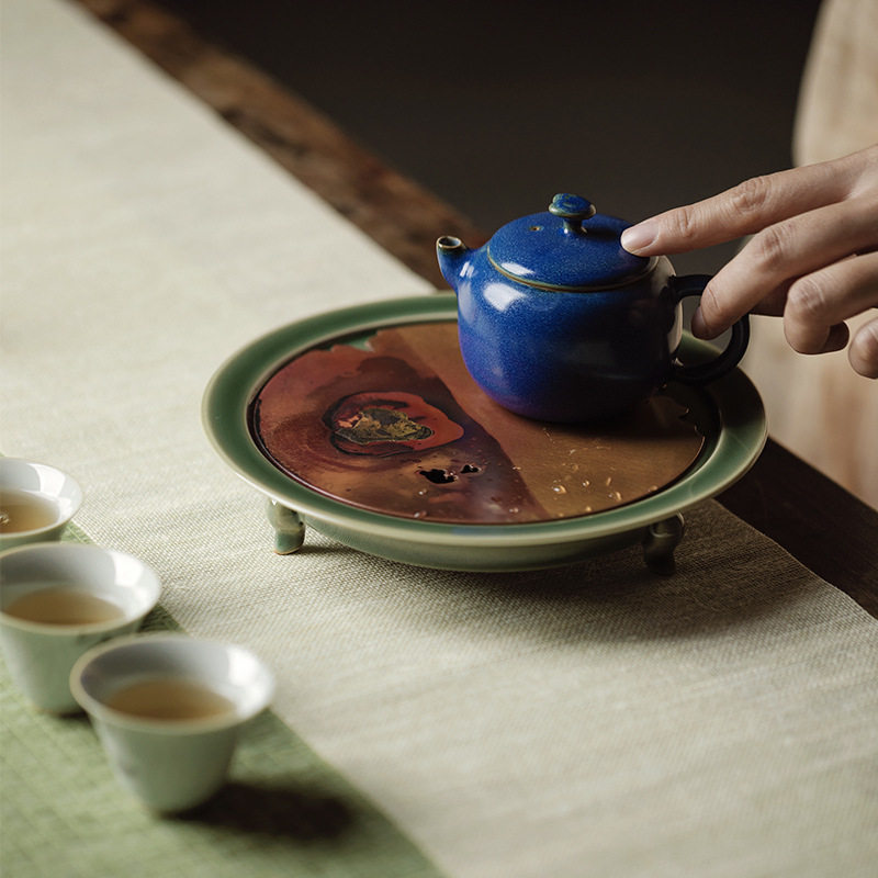 束刻越窑青瓷支鼎烧三足壶承虫蛀铜片双层蓄水干泡台茶台