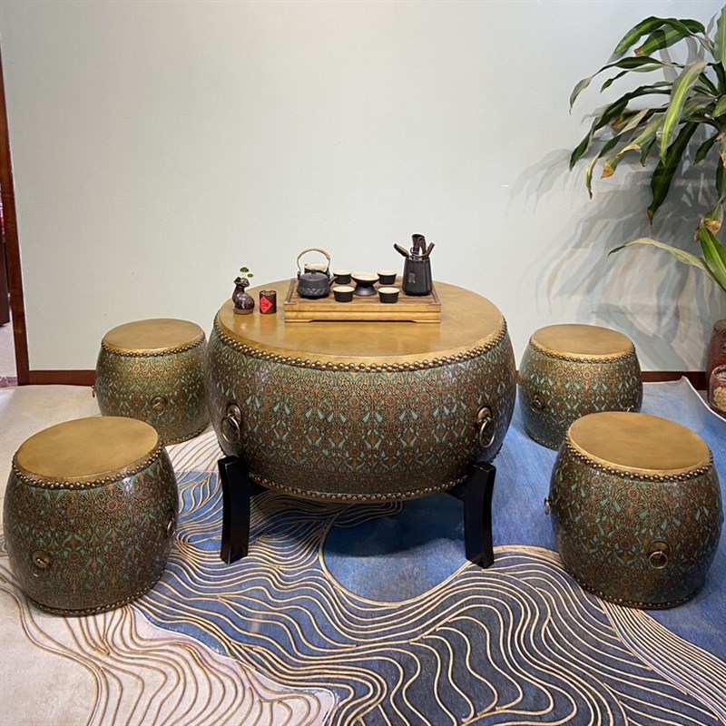 速发彩绘中式茶几鼓桌鼓凳组合五件套做旧牛皮套鼓功夫茶台客厅圆
