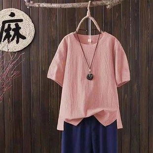 速发大码t恤衫装2021款款潮纯棉麻打底薄新文艺复亚t桖古麻上衣