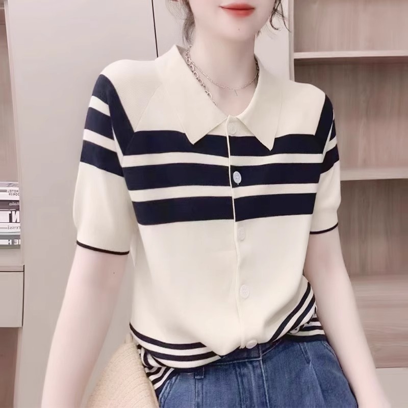 速发法P洋纹时尚条气式o衫针织衫款减龄套头t恤