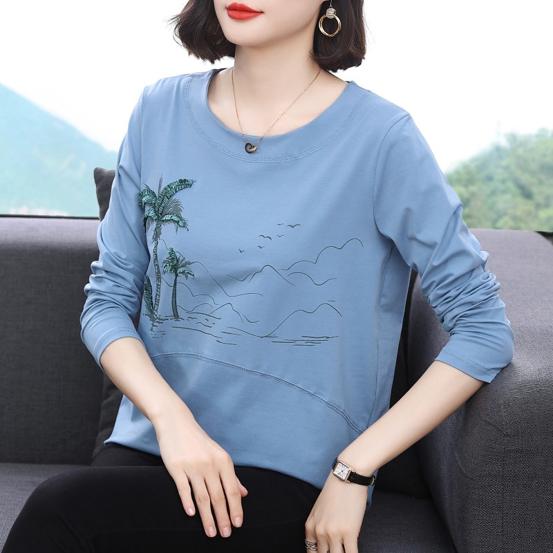 速发妈妈春装长袖t恤 洋气202穿年新款休闲老4上衣中外年纯棉打底