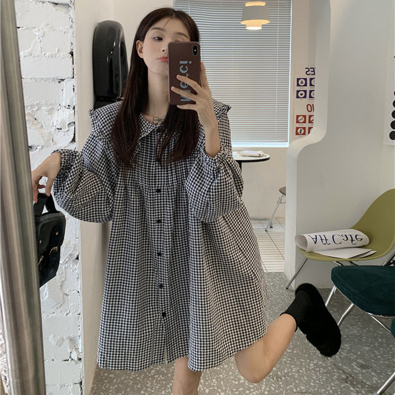 速发孕妇装春夏装套装时尚网红春秋款宽松遮肚连衣裙格子娃娃上衣