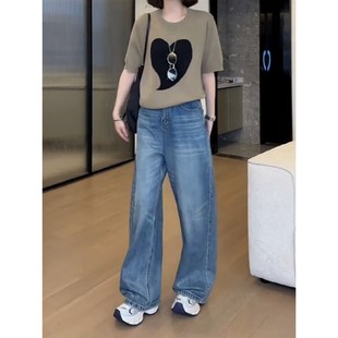 速发蓝色阔腿牛仔高子2024初秋新款大宽窄版阔腿裤裤腰码松直筒裤