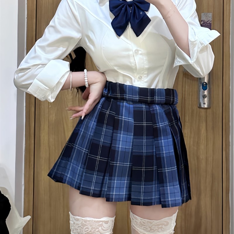 速发纯欲风JK制服收腰辣妹学院风衣衬白高腰百褶裙狗短格裙套装