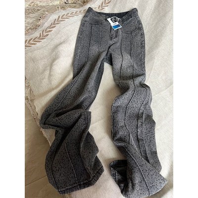 速发新0斤大码装设计感竖条牛仔裤20042款灰色阔腿裤子