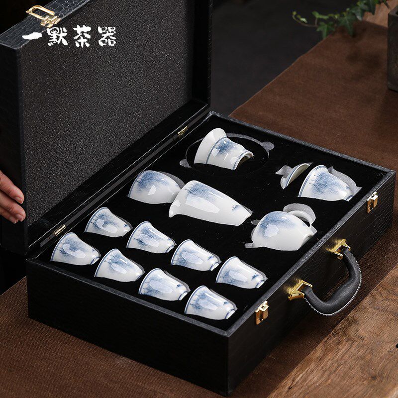 速发手绘青花瓷功夫茶具家用会客白瓷盖碗泡茶器轻奢商务整套礼品