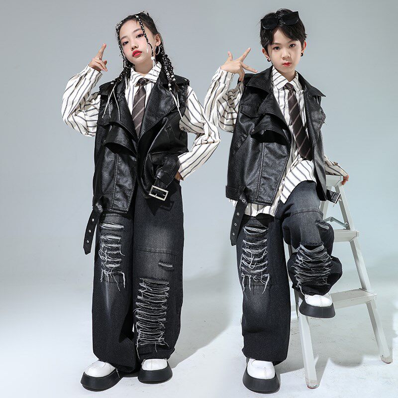 速发少儿街舞潮服嘻哈男孩破洞牛仔裤hiphop皮衣演出服孩爵士舞套