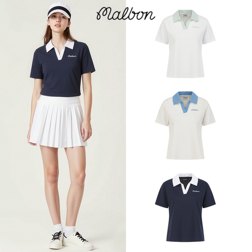 26夏韩国Malbon高尔夫球服女士撞色领短袖POLO衫运动休闲时尚上衣