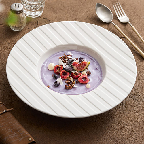 速发优格线纹草帽奢陶瓷盘子高级感轻盘酒店西餐盘意面水果沙拉家