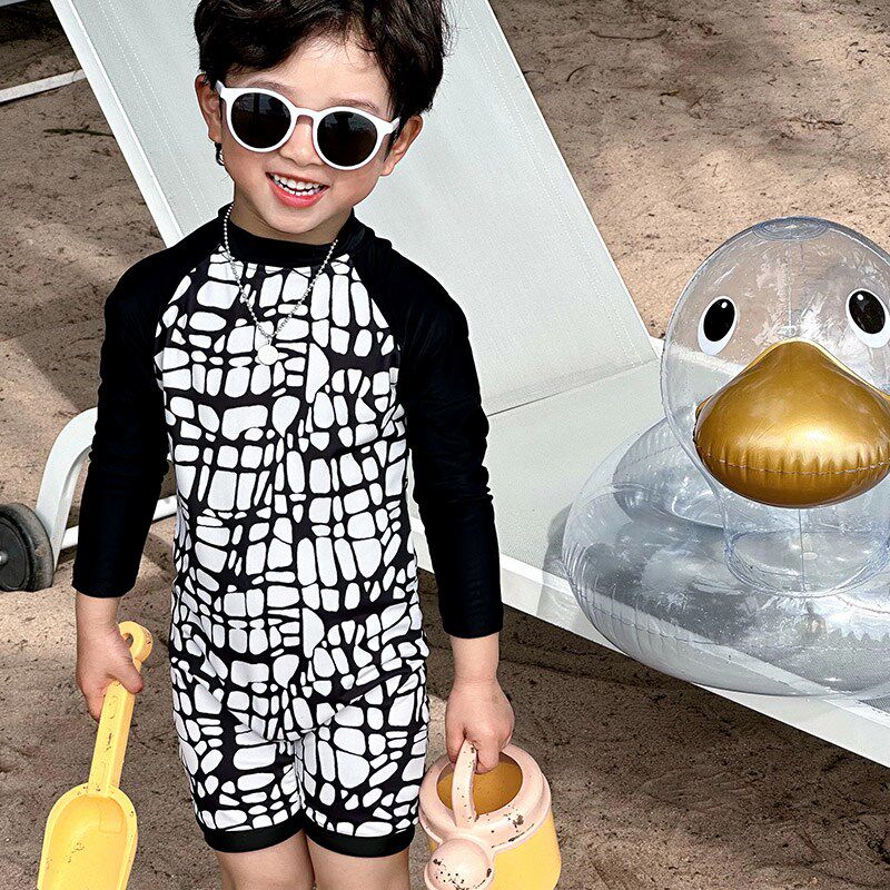 速发儿童男童帅气沙度连体游长滩袖假男孩速干泳裤套装潮