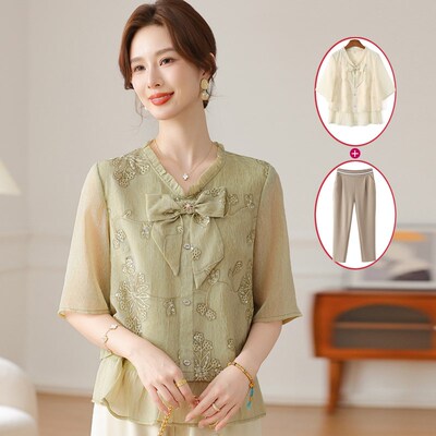 速发新中式妈妈夏年国风小衫2025新款时尚装老装中中袖上衣套装