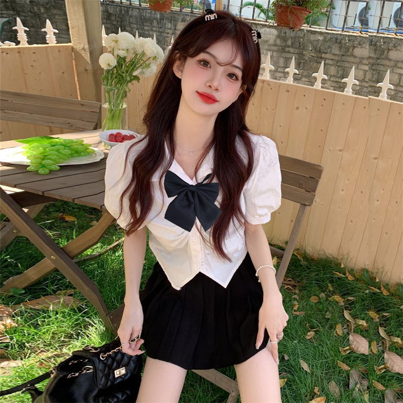 速发jk泡服套装纯欲白夏季款制泡袖上衣设计感小众短款衬衣