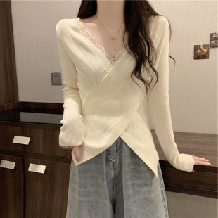 速发大丝蕾码交上针织衫早秋新款法式打底v领长袖叉衣