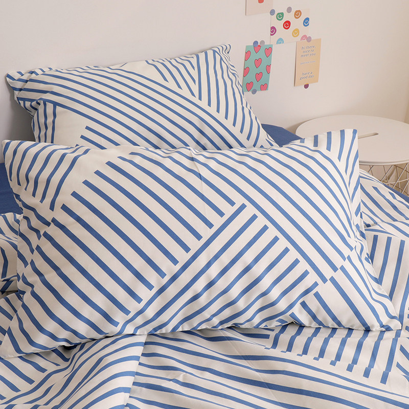 速发山川蓝色条全100纹棉枕套48cmx74cm纯棉枕头套单个一对装学生