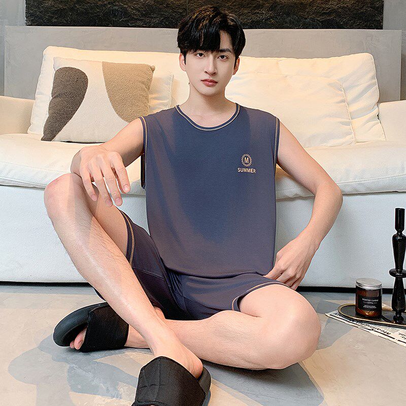 速发睡衣男款夏季莫代尔薄款无青背心坎年宽松大码袖肩家居服套装