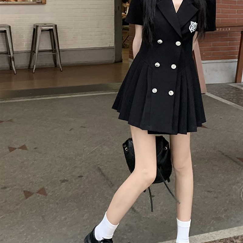 速发学码大院气黑色连衣裙夏季高级感风质裙子遮肚子裙