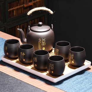 家用大号容量泡茶壶过滤W客厅茶杯茶 紫砂原矿陶瓷提梁壶茶具套装