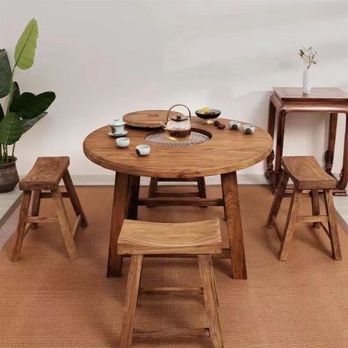 围炉煮茶桌c老榆木小圆桌实木户外烧烤火锅桌中式家用复古原木茶