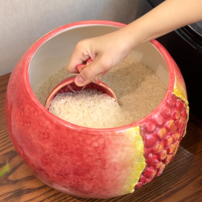 陶瓷石榴米缸家用带盖米桶10斤普洱茶缸存茶罐糖果W零食收纳罐创