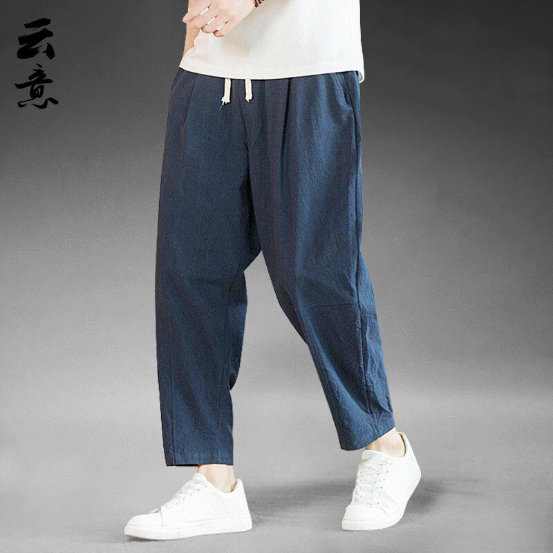 速发夏季纯棉九分裤男宽松直筒休闲裤薄款复古阔腿裤子青年大码哈