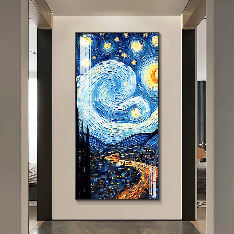 速发梵高星挂玄关装饰画抽象入户走廊过道空竖大气画版正对门墙画