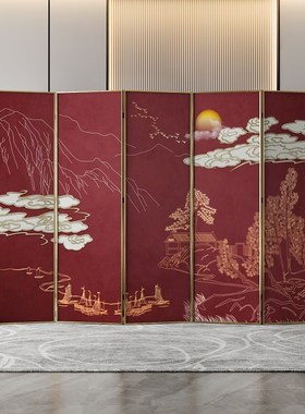 速发中式屏风室断客厅办公遮舞台装饰酒店婚宴装饰隔挡红色山水图