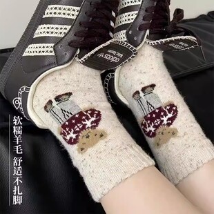 暖呼呼的熊熊~~袜子女春夏款袜子可爱植绒小熊中筒袜加厚保暖长