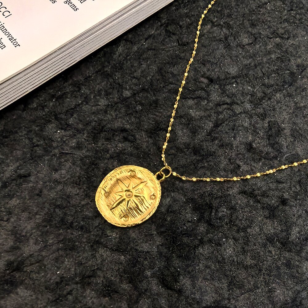 欧美街头潮流男女式吊坠项链 INS网红款圆形八芒星钱币不锈钢项链