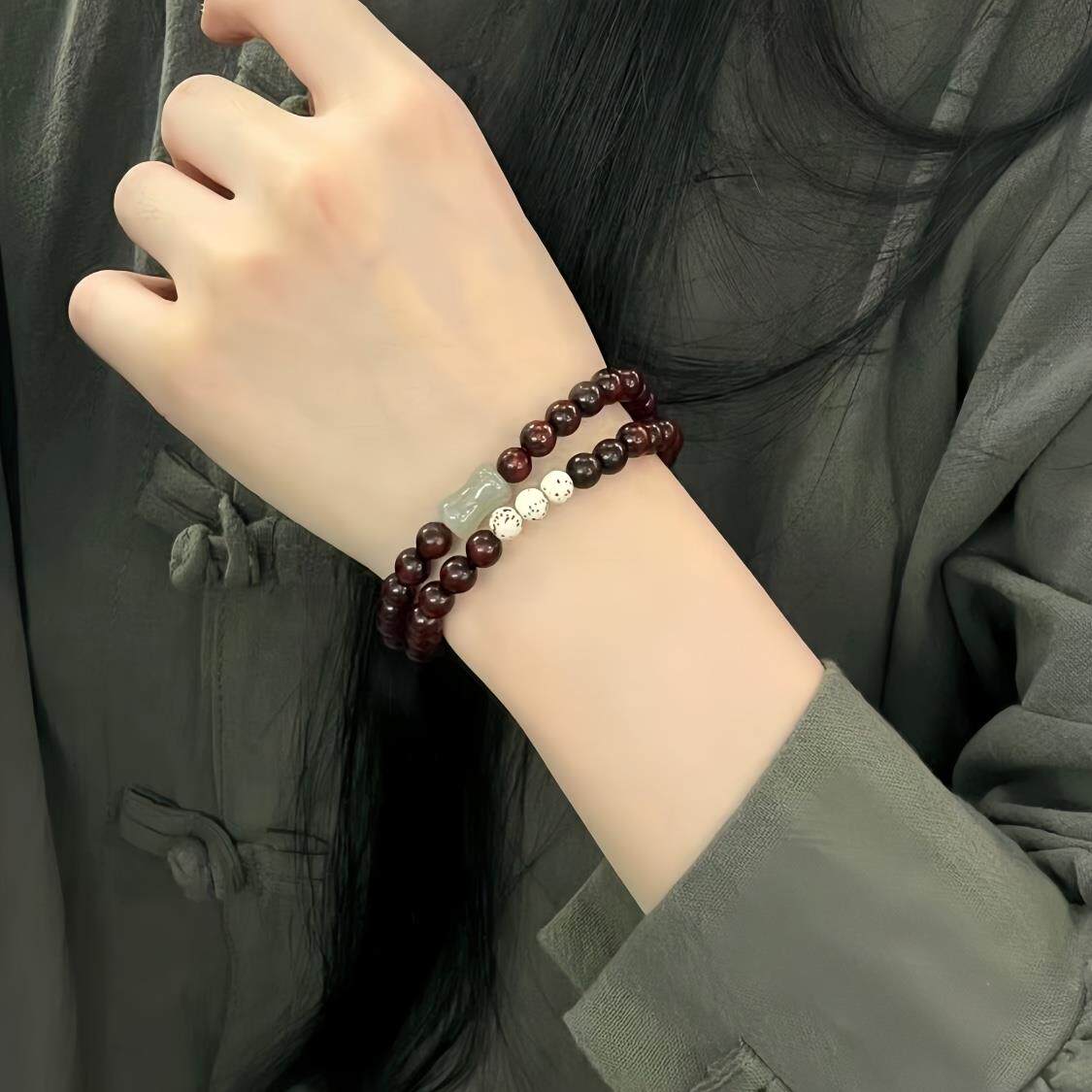 小叶紫檀搭配佘太翠竹节手串男女木质文玩佛珠手链