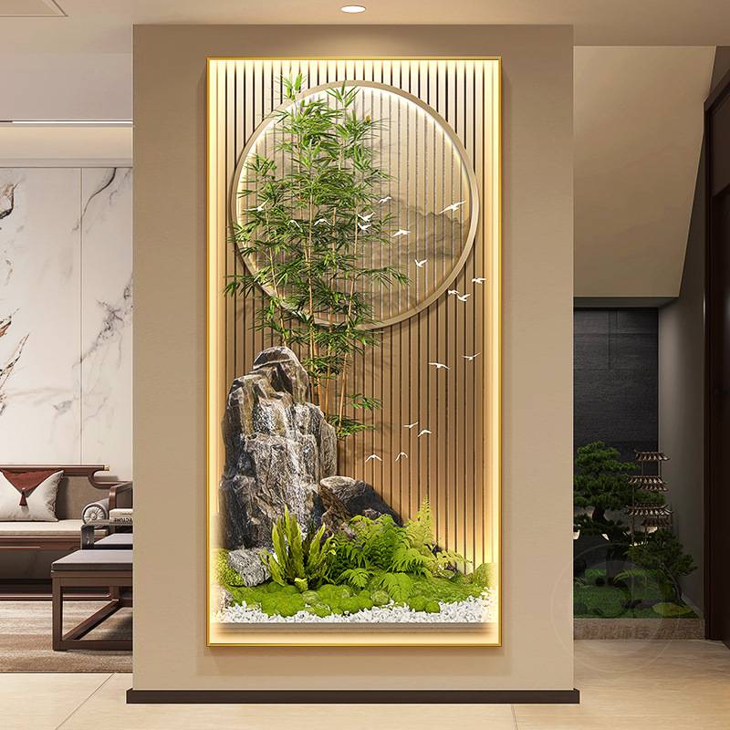 玄关装饰画节节高升新中式山水走廊过道挂画富贵竹子入户带灯壁画
