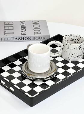 中古扭曲黑水白格子托茶托盘YCU长客厅茶几装饰盘子方盘形