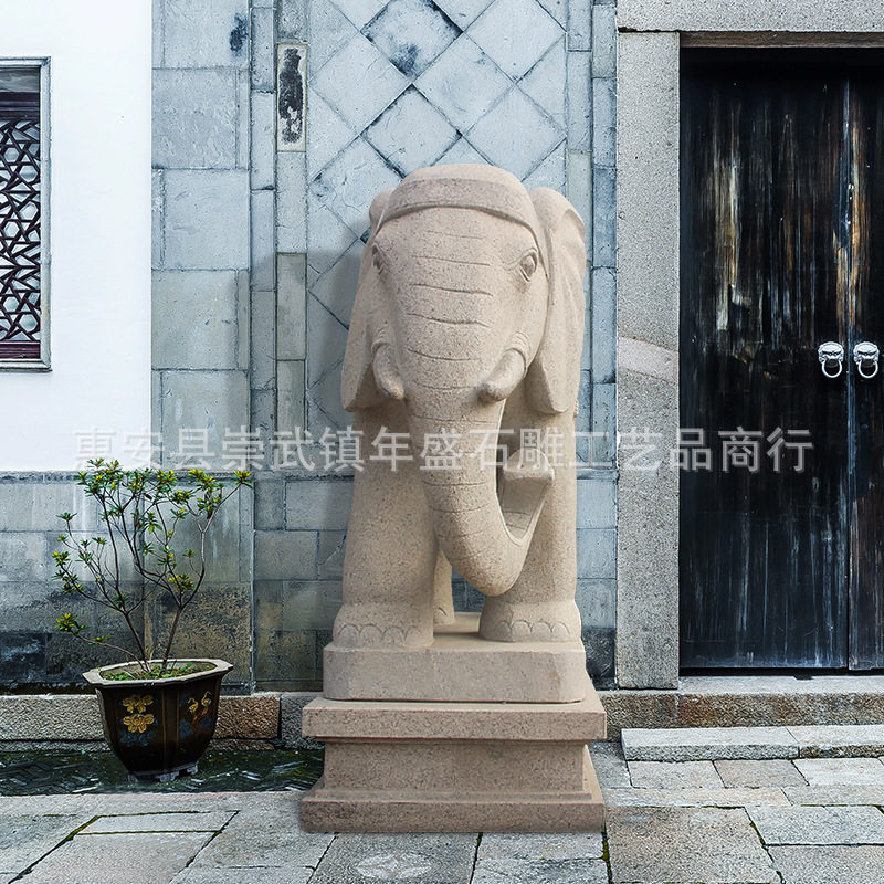 晚霞红大理石雕大象门口庭院摆件