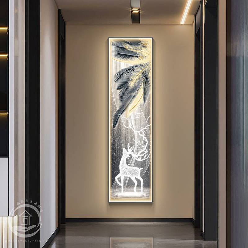 轻奢玄关装饰画入户正对门福鹿竖版灯画现代高档走廊过道长条挂画图片
