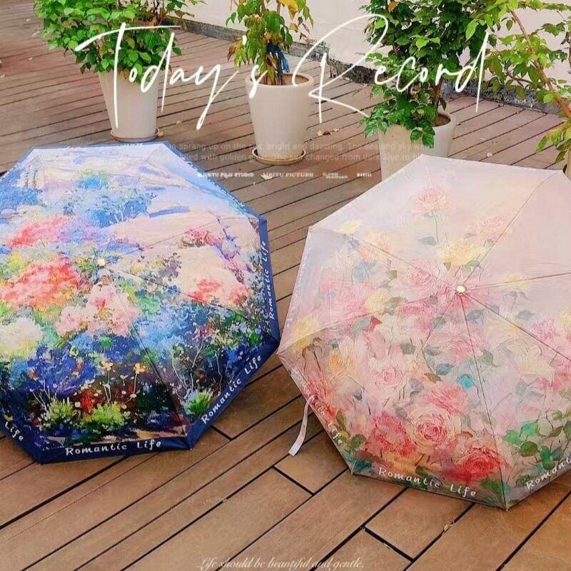 欧式复古风三折叠彩胶防晒遮阳伞实木柄手开油画太阳伞晴雨两用女