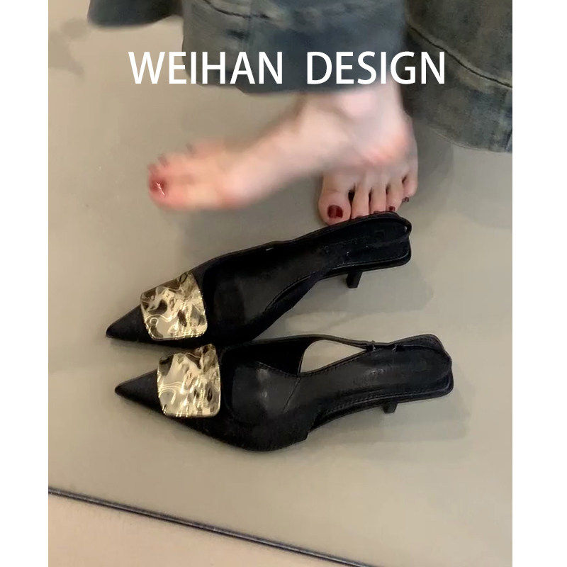 羊皮版！法式尖头黑色高跟鞋女细跟气质金属扣包头凉鞋名媛风单鞋