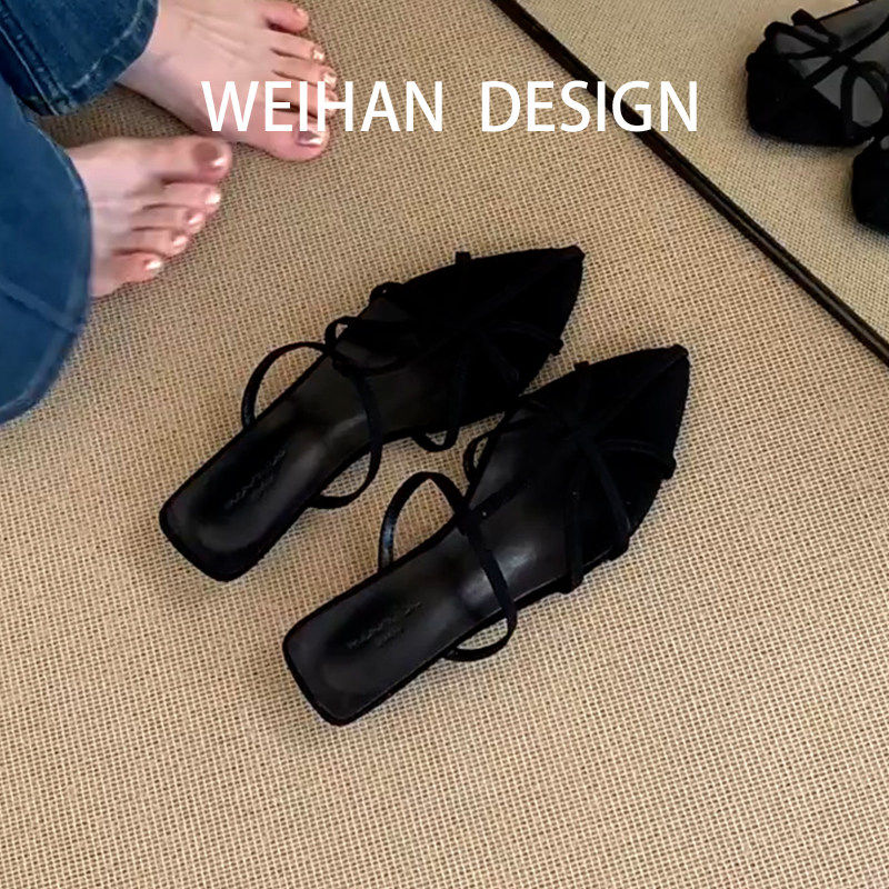 羊皮版!韩系黑色细带楔型凉施鞋尖头露趾一脚蹬时尚外穿罗马凉鞋