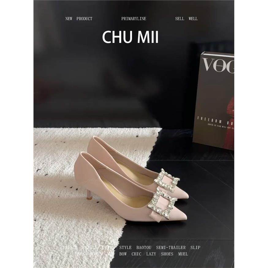 羊皮版~法式气质细跟高跟鞋女仙女风配裙子尖头方扣水钻浅口单鞋