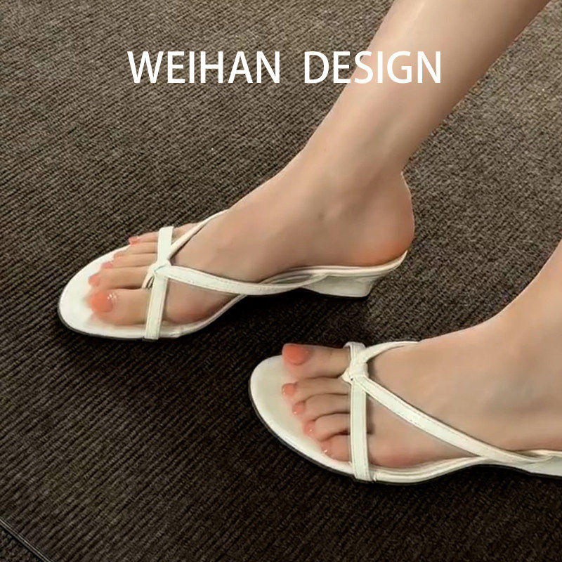 羊皮版!法式简约风夹趾凉拖鞋女圆头露趾后空一脚蹬百搭楔型凉鞋